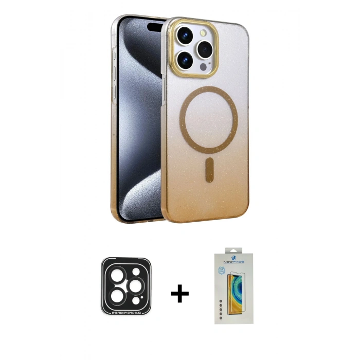 MARSİLYAN™- iPhone 15 Pro Max Kılıf Ahenk Doku Özel Seri - Siyah Polymer Nano Ekran Koruyucu + PVD Metal Kamera Lens - SH