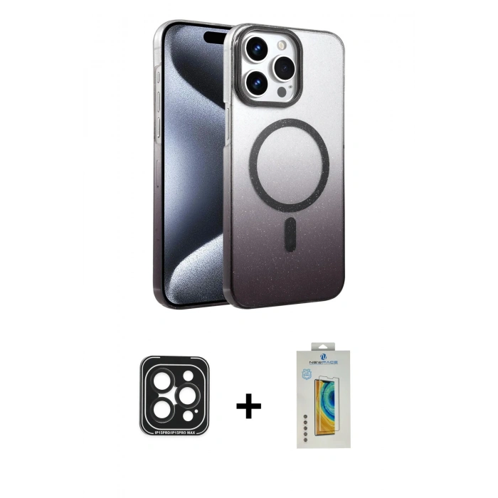 MARSİLYAN™- iPhone 15 Pro Max Kılıf Ahenk Doku Özel Seri - Siyah Polymer Nano Ekran Koruyucu + PVD Metal Kamera Lens - SH