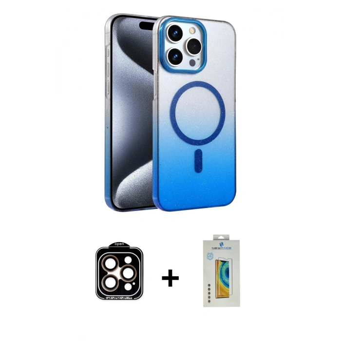 MARSİLYAN™- iPhone 15 Pro Max Kılıf Ahenk Doku Özel Seri - Siyah Polymer Nano Ekran Koruyucu + Turuncu PVD Metal Kamera Lens