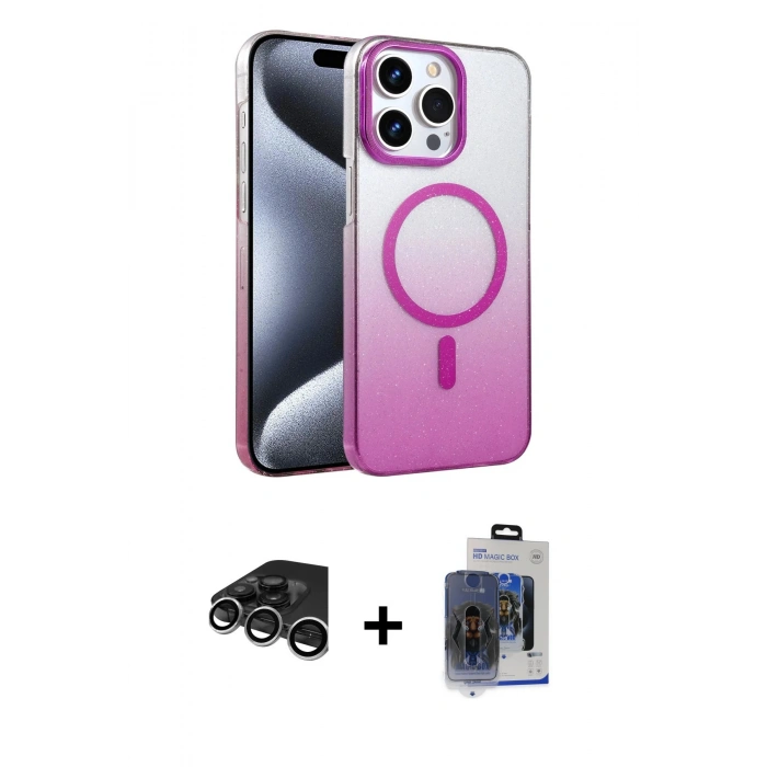 MARSİLYAN™- iPhone 15 Pro Max Kılıf Ahenk Doku Özel Seri - Siyah Vanessa Magic Cam + Raze Metal Kamera Lens - GS