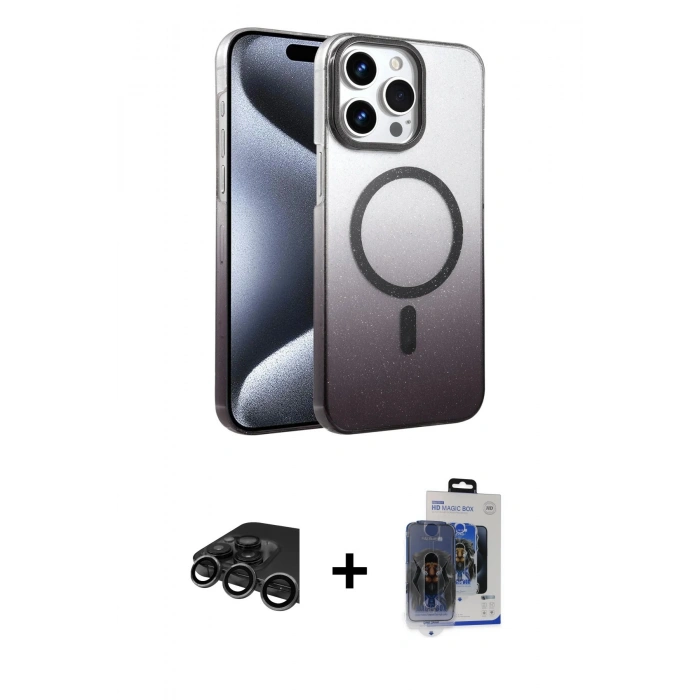 MARSİLYAN™- iPhone 15 Pro Max Kılıf Ahenk Doku Özel Seri - Siyah Vanessa Magic Cam + Raze Metal Kamera Lens - TMGI