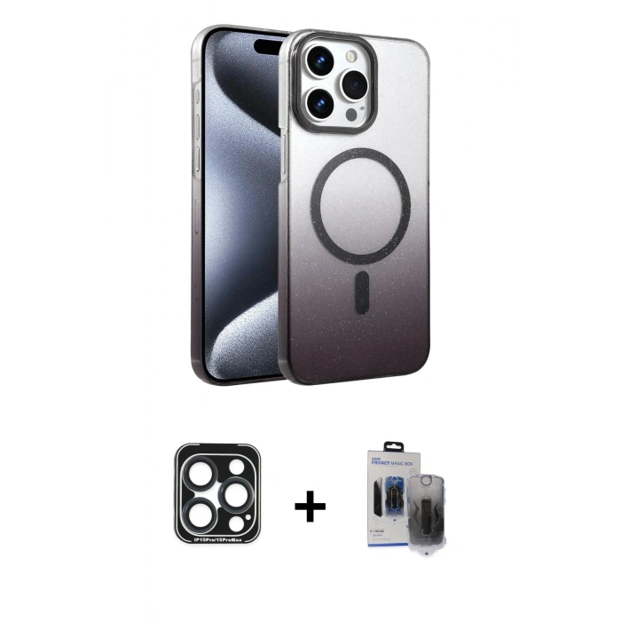 MARSİLYAN™- iPhone 15 Pro Max Kılıf Ahenk Doku Özel Seri - Siyah Vanessa Magic Hayalet Cam + PVD Metal Kamera Lens - LT