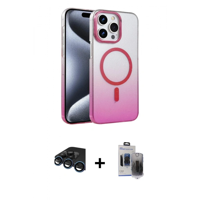 MARSİLYAN™- iPhone 15 Pro Max Kılıf Ahenk Doku Özel Seri - Siyah Vanessa Magic Hayalet Cam + Lacivert Raze Metal Kamera Lens