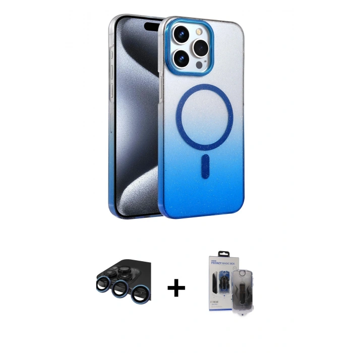 MARSİLYAN™- iPhone 15 Pro Max Kılıf Ahenk Doku Özel Seri - Siyah Vanessa Magic Hayalet Cam + Lacivert Raze Metal Kamera Lens