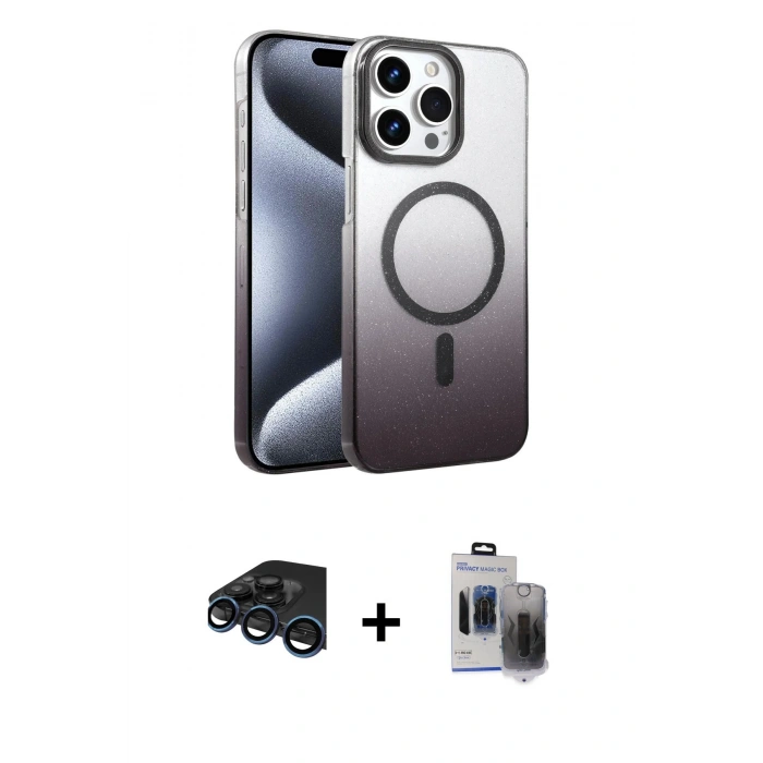 MARSİLYAN™- iPhone 15 Pro Max Kılıf Ahenk Doku Özel Seri - Siyah Vanessa Magic Hayalet Cam + Lacivert Raze Metal Kamera Lens