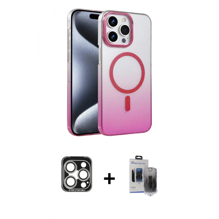 MARSİLYAN™- iPhone 15 Pro Max Kılıf Ahenk Doku Özel Seri - Siyah Vanessa Magic Hayalet Cam + PVD Metal Kamera Lens - GS