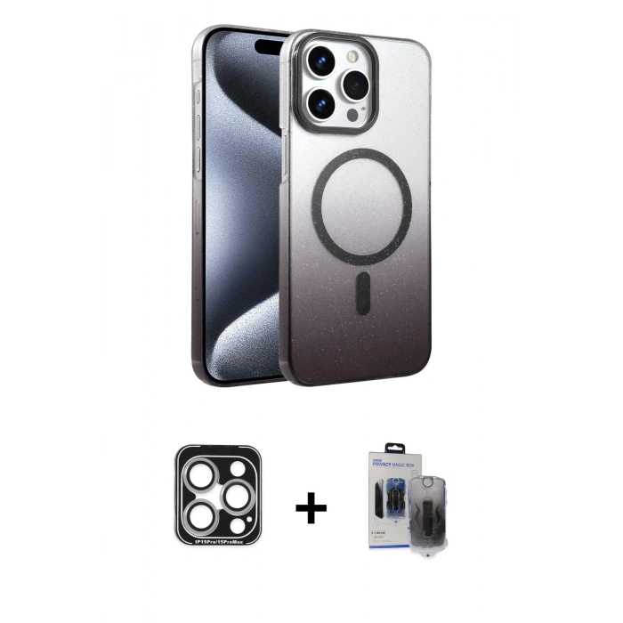 MARSİLYAN™- iPhone 15 Pro Max Kılıf Ahenk Doku Özel Seri - Siyah Vanessa Magic Hayalet Cam + PVD Metal Kamera Lens - GS
