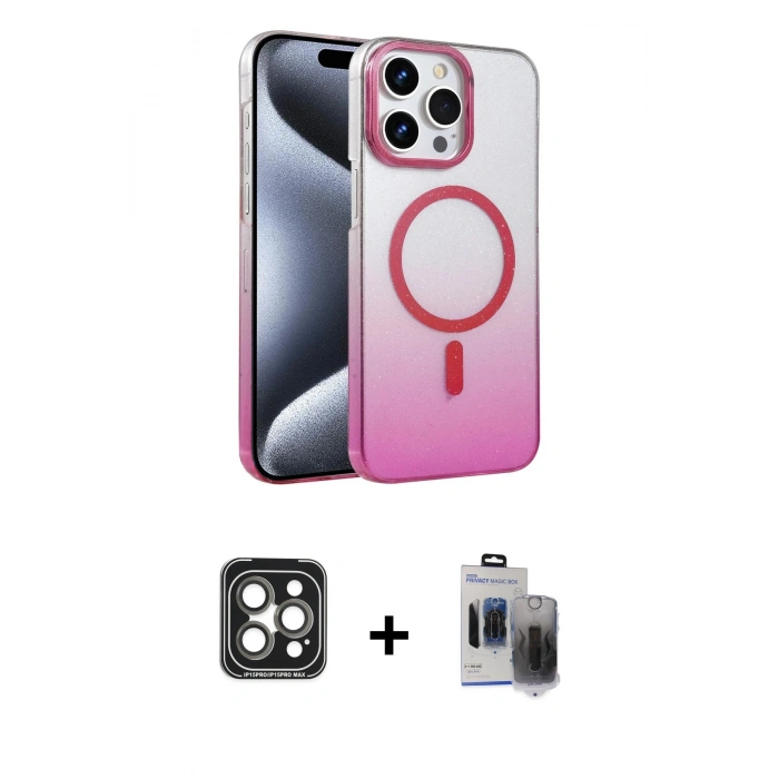 MARSİLYAN™- iPhone 15 Pro Max Kılıf Ahenk Doku Özel Seri - Siyah Vanessa Magic Hayalet Cam + PVD Metal Kamera Lens - GI