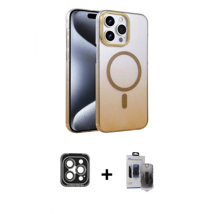 MARSİLYAN™- iPhone 15 Pro Max Kılıf Ahenk Doku Özel Seri - Siyah Vanessa Magic Hayalet Cam + PVD Metal Kamera Lens - GI