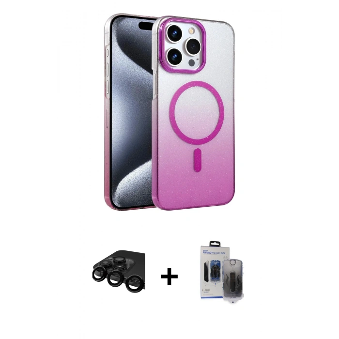 MARSİLYAN™- iPhone 15 Pro Max Kılıf Ahenk Doku Özel Seri - Siyah Vanessa Magic Hayalet Cam + Raze Metal Kamera Lens - SH
