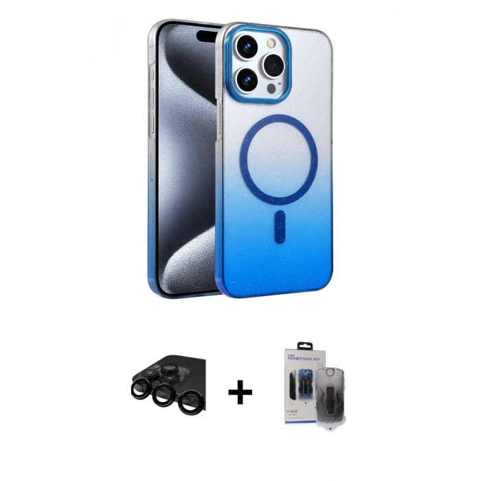 MARSİLYAN™- iPhone 15 Pro Max Kılıf Ahenk Doku Özel Seri - Siyah Vanessa Magic Hayalet Cam + Raze Metal Kamera Lens - SH