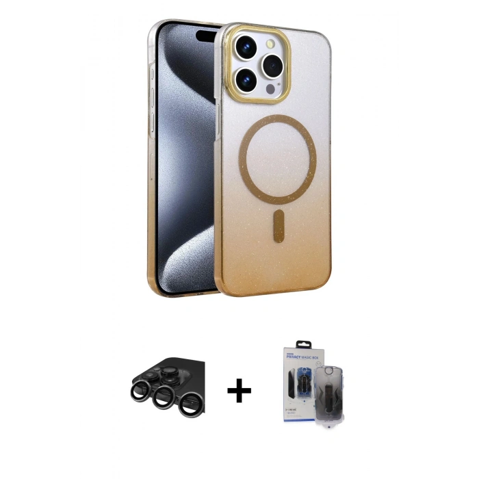 MARSİLYAN™- iPhone 15 Pro Max Kılıf Ahenk Doku Özel Seri - Siyah Vanessa Magic Hayalet Cam + Raze Metal Kamera Lens - TMGI
