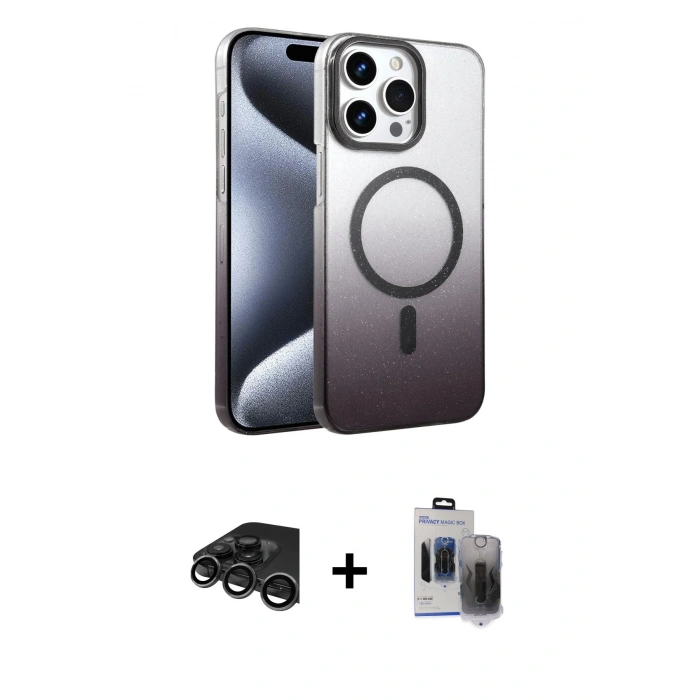 MARSİLYAN™- iPhone 15 Pro Max Kılıf Ahenk Doku Özel Seri - Siyah Vanessa Magic Hayalet Cam + Raze Metal Kamera Lens - TMGI
