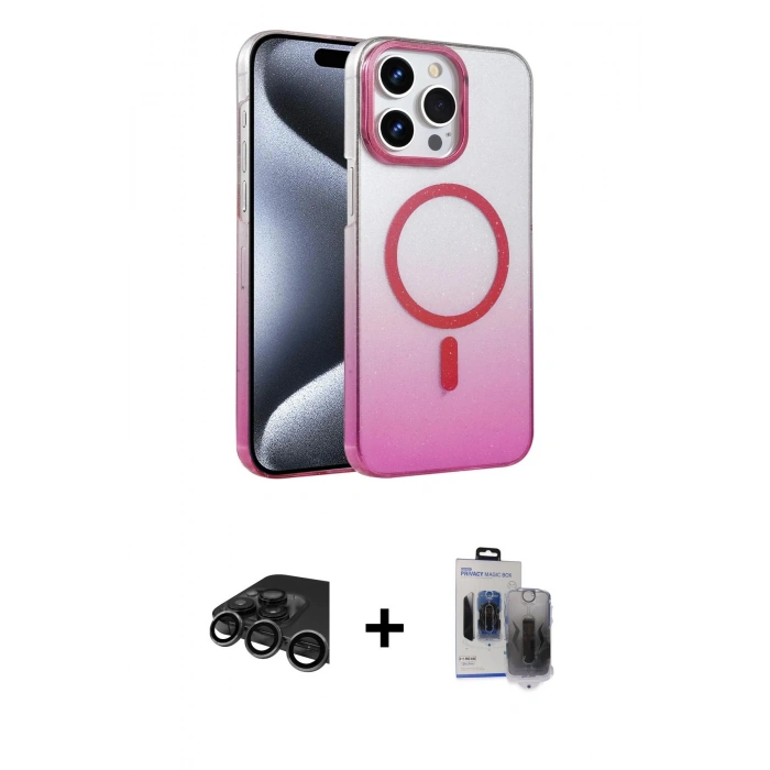 MARSİLYAN™- iPhone 15 Pro Max Kılıf Ahenk Doku Özel Seri - Siyah Vanessa Magic Hayalet Cam + Raze Metal Kamera Lens - TMGI