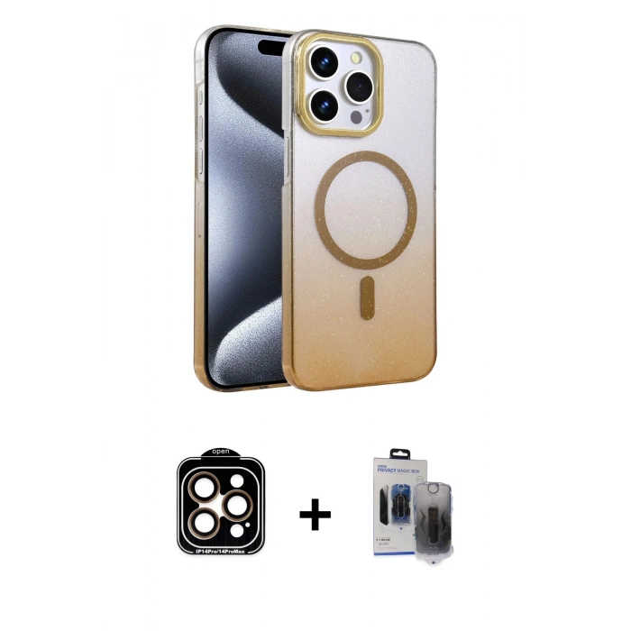 MARSİLYAN™- iPhone 15 Pro Max Kılıf Ahenk Doku Özel Seri - Siyah Vanessa Magic Hayalet Cam + PVD Metal Kamera Lens - TU