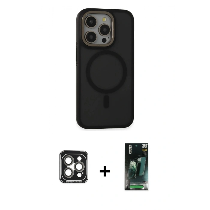 MARSİLYAN™- iPhone 15 Pro Max Kılıf Ahenk Form Serisi - Şeffaf 360 Full Body Arka Koruyucu + PVD Metal Kamera Lens - GI
