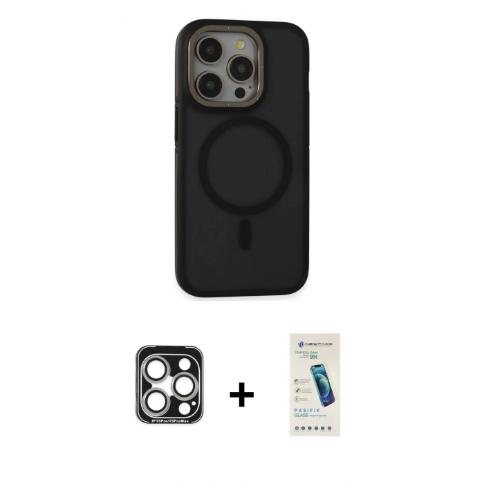 MARSİLYAN™- iPhone 15 Pro Max Kılıf Ahenk Form Serisi - Şeffaf Pasifik Cam Ekran Koruyucu + PVD Metal Kamera Lens - GS