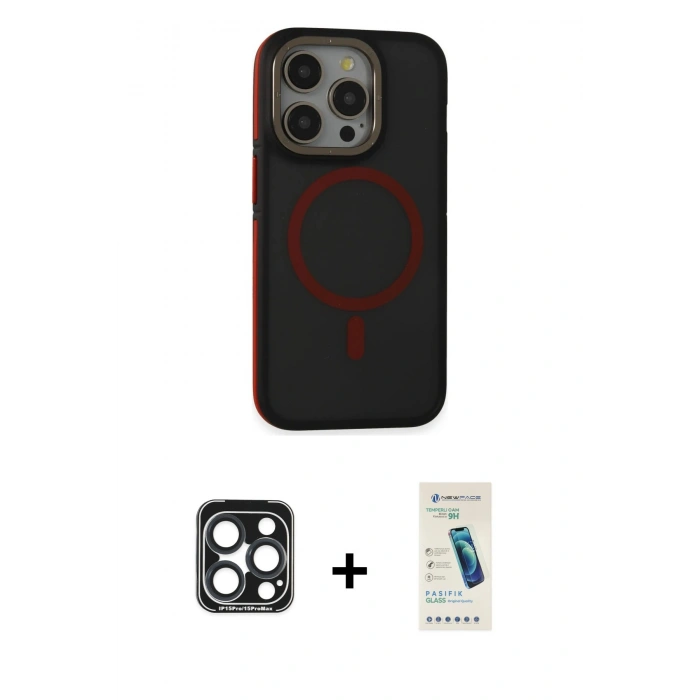 MARSİLYAN™- iPhone 15 Pro Max Kılıf Ahenk Form Serisi - Şeffaf Pasifik Cam Ekran Koruyucu + PVD Metal Kamera Lens - LT