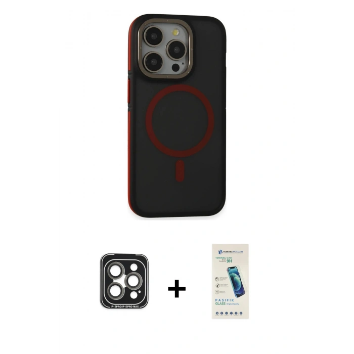 MARSİLYAN™- iPhone 15 Pro Max Kılıf Ahenk Form Serisi - Şeffaf Pasifik Cam Ekran Koruyucu + PVD Metal Kamera Lens - GI
