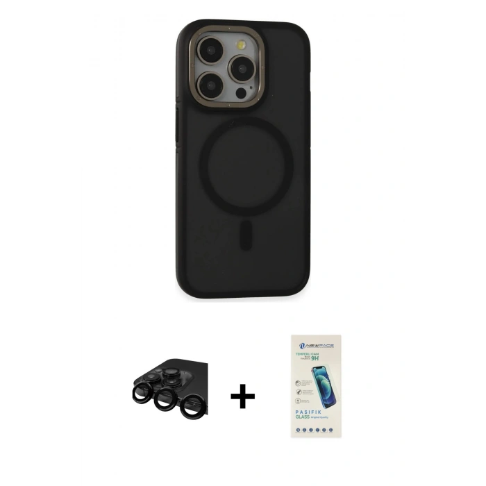 MARSİLYAN™- iPhone 15 Pro Max Kılıf Ahenk Form Serisi - Şeffaf Pasifik Cam Ekran Koruyucu + Raze Metal Kamera Lens - SH