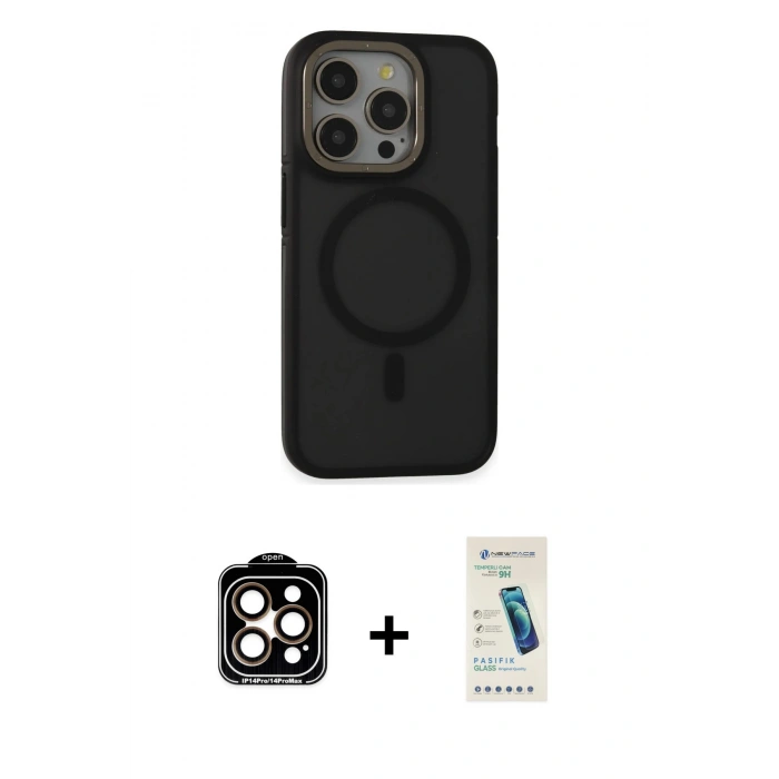 MARSİLYAN™- iPhone 15 Pro Max Kılıf Ahenk Form Serisi - Şeffaf Pasifik Cam Ekran Koruyucu + Turuncu PVD Metal Kamera Lens