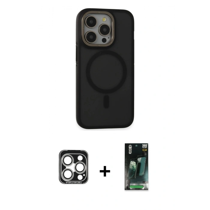 MARSİLYAN™- iPhone 15 Pro Max Kılıf Ahenk Form Serisi - Siyah 360 Mat Full Body Arka Koruyucu + Gümüş PVD Metal Kamera Lens