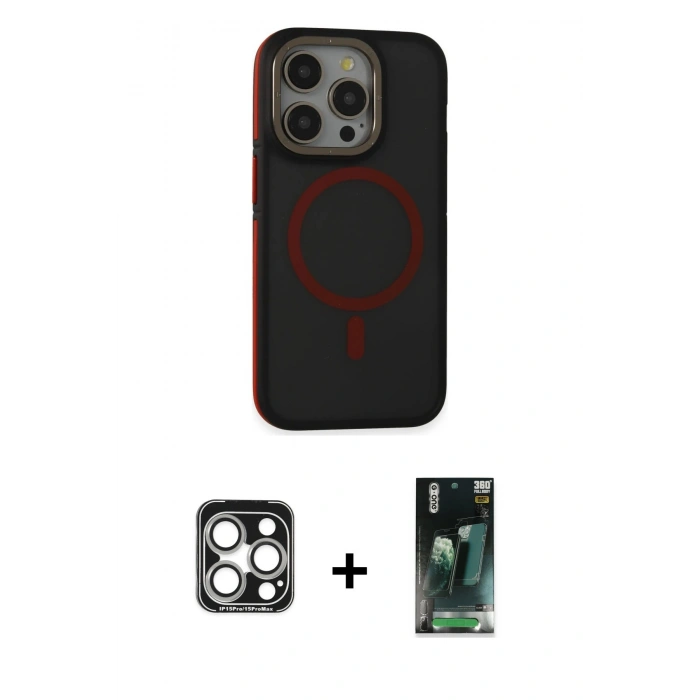 MARSİLYAN™- iPhone 15 Pro Max Kılıf Ahenk Form Serisi - Siyah 360 Mat Full Body Arka Koruyucu + Gümüş PVD Metal Kamera Lens