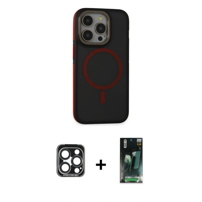 MARSİLYAN™- iPhone 15 Pro Max Kılıf Ahenk Form Serisi - Siyah 360 Mat Full Body Arka Koruyucu + PVD Metal Kamera Lens - LT