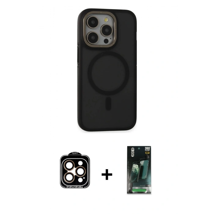 MARSİLYAN™- iPhone 15 Pro Max Kılıf Ahenk Form Serisi - Siyah 360 Mat Full Body Arka Koruyucu + PVD Metal Kamera Lens - TU