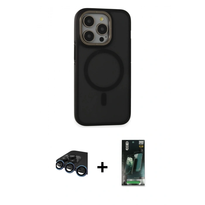 MARSİLYAN™- iPhone 15 Pro Max Kılıf Ahenk Form Serisi - Siyah 360 Mat Full Body Arka Koruyucu + Raze Metal Kamera Lens - LT
