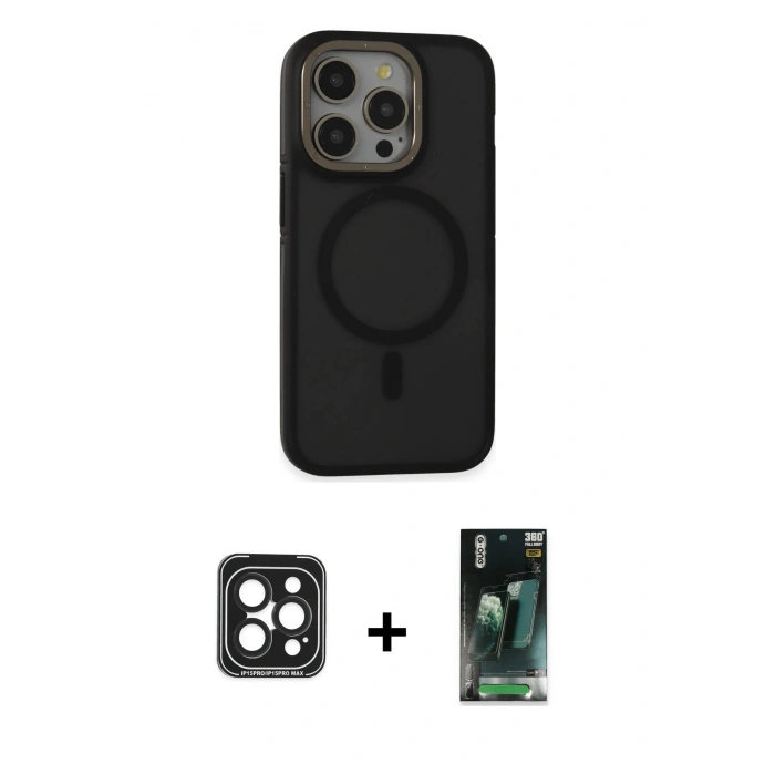MARSİLYAN™- iPhone 15 Pro Max Kılıf Ahenk Form Serisi - Siyah 360 Mat Full Body Arka Koruyucu + Siyah PVD Metal Kamera Lens