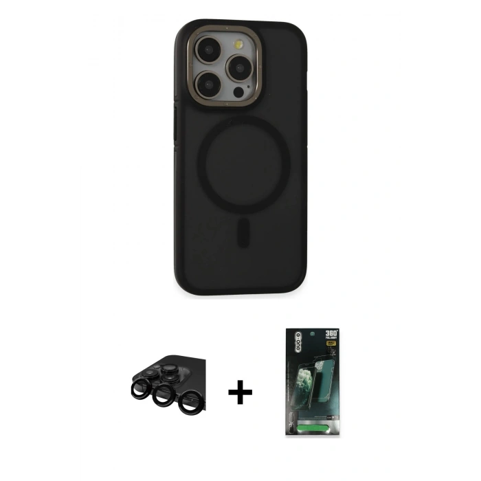 MARSİLYAN™- iPhone 15 Pro Max Kılıf Ahenk Form Serisi - Siyah 360 Mat Full Body Arka Koruyucu + Siyah Raze Metal Kamera Lens