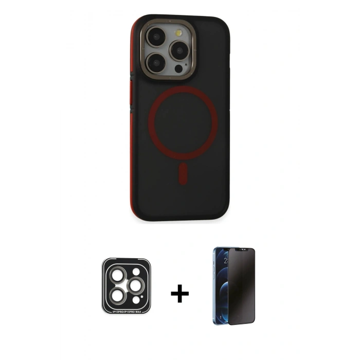 MARSİLYAN™- iPhone 15 Pro Max Kılıf Ahenk Form Serisi - Siyah 3D Antistatik Hayalet Cam Ekran Koruyucu + PVD Metal Kamera Lens - GI
