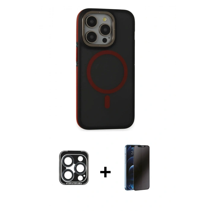 MARSİLYAN™- iPhone 15 Pro Max Kılıf Ahenk Form Serisi - Siyah 3D Antistatik Hayalet Cam Ekran Koruyucu + PVD Metal Kamera Lens - LT