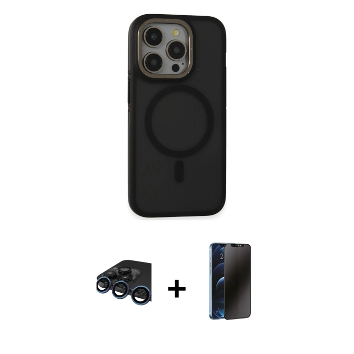 MARSİLYAN™- iPhone 15 Pro Max Kılıf Ahenk Form Serisi - Siyah 3D Antistatik Hayalet Cam Ekran Koruyucu + Raze Metal Kamera Lens - LT