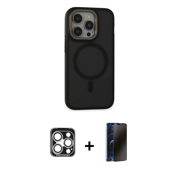 MARSİLYAN™- iPhone 15 Pro Max Kılıf Ahenk Form Serisi - Siyah 3D Antistatik Hayalet Cam Ekran Koruyucu + PVD Metal Kamera Lens - GS