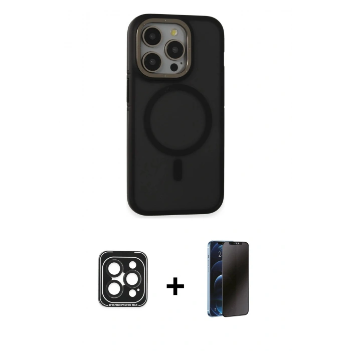 MARSİLYAN™- iPhone 15 Pro Max Kılıf Ahenk Form Serisi - Siyah 3D Antistatik Hayalet Cam Ekran Koruyucu + PVD Metal Kamera Lens - SH