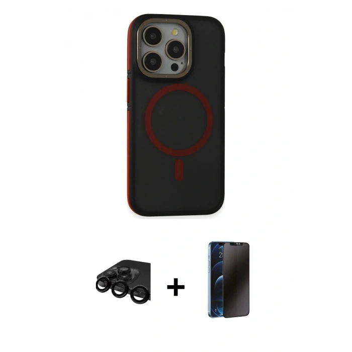 MARSİLYAN™- iPhone 15 Pro Max Kılıf Ahenk Form Serisi - Siyah 3D Antistatik Hayalet Cam Ekran Koruyucu + Siyah Raze Metal Kamera Lens