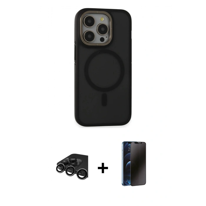 MARSİLYAN™- iPhone 15 Pro Max Kılıf Ahenk Form Serisi - Siyah 3D Antistatik Hayalet Cam Ekran Koruyucu + Titanyum Gri Raze Metal Kamera Lens