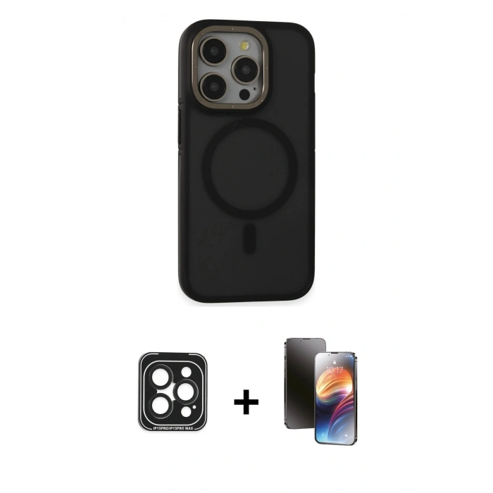 MARSİLYAN™- iPhone 15 Pro Max Kılıf Ahenk Form Serisi - Siyah 3D Antistatik Mat Seramik Nano Ekran Koruyucu + PVD Metal Kamera Lens - SH