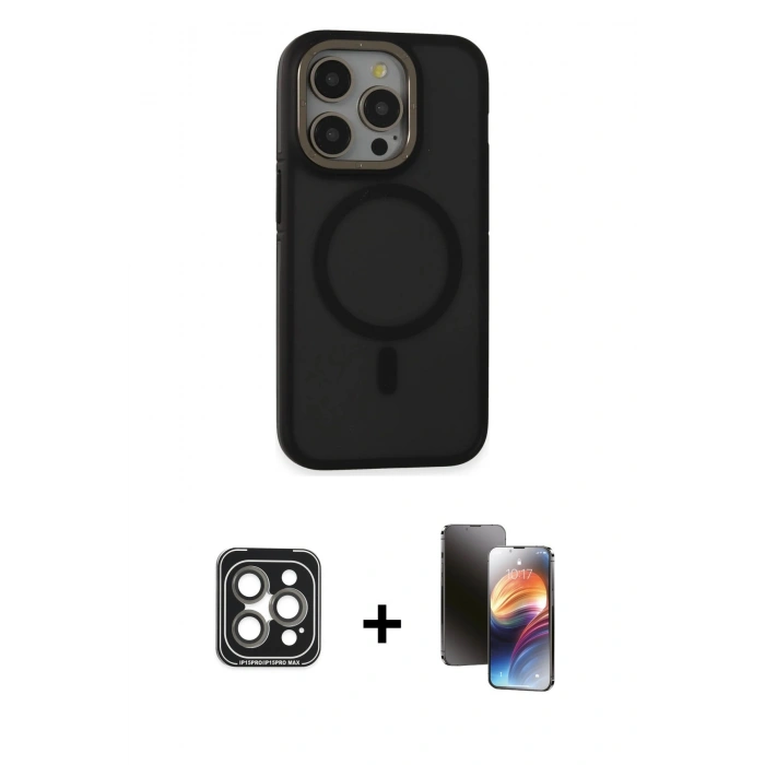MARSİLYAN™- iPhone 15 Pro Max Kılıf Ahenk Form Serisi - Siyah 3D Antistatik Mat Seramik Nano Ekran Koruyucu + PVD Metal Kamera Lens - GI