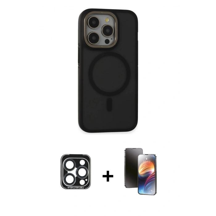 MARSİLYAN™- iPhone 15 Pro Max Kılıf Ahenk Form Serisi - Siyah 3D Antistatik Mat Seramik Nano Ekran Koruyucu + PVD Metal Kamera Lens - LT