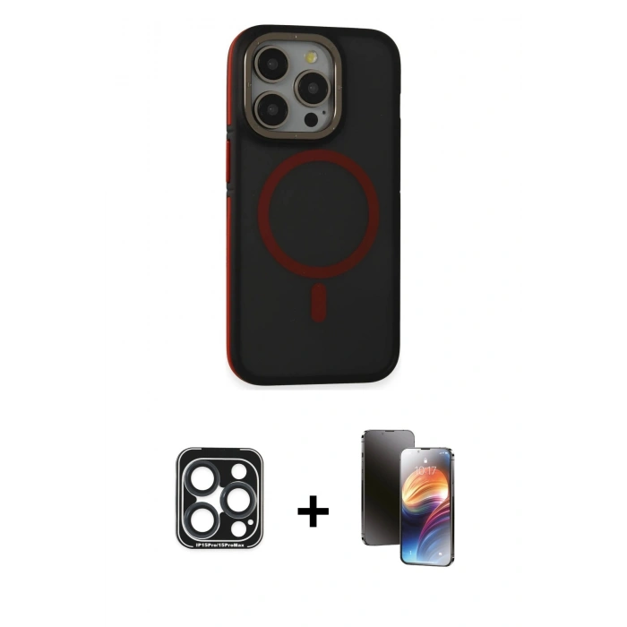MARSİLYAN™- iPhone 15 Pro Max Kılıf Ahenk Form Serisi - Siyah 3D Antistatik Mat Seramik Nano Ekran Koruyucu + PVD Metal Kamera Lens - LT