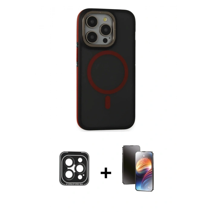 MARSİLYAN™- iPhone 15 Pro Max Kılıf Ahenk Form Serisi - Siyah 3D Antistatik Mat Seramik Nano Ekran Koruyucu + PVD Metal Kamera Lens - SH