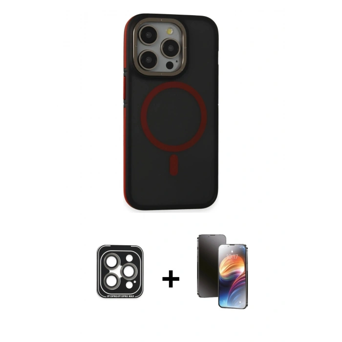 MARSİLYAN™- iPhone 15 Pro Max Kılıf Ahenk Form Serisi - Siyah 3D Antistatik Mat Seramik Nano Ekran Koruyucu + PVD Metal Kamera Lens - GI