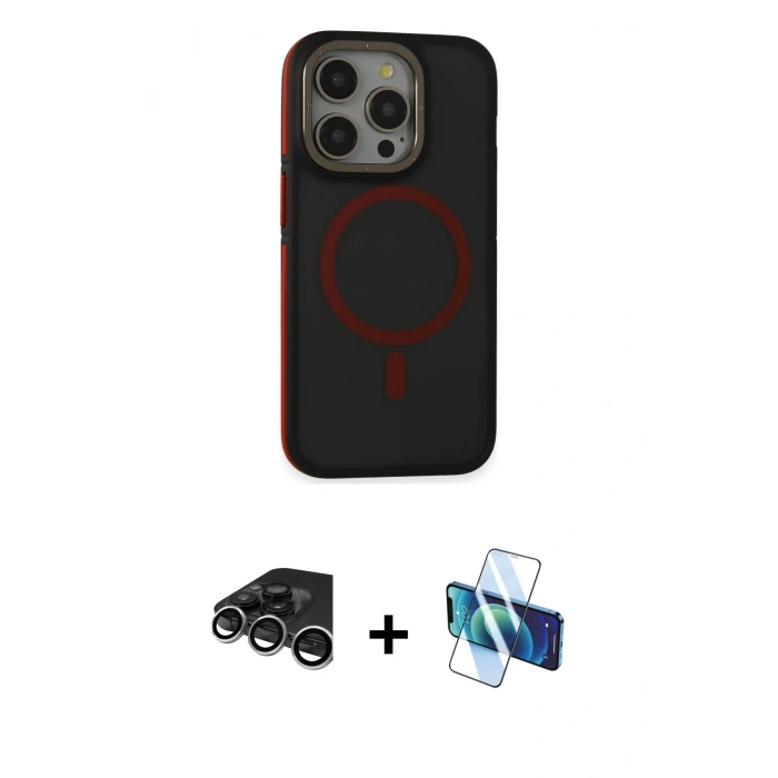 MARSİLYAN™- iPhone 15 Pro Max Kılıf Ahenk Form Serisi - Siyah 3D Antistatik Seramik Nano Ekran Koruyucu + Raze Metal Kamera Lens - GS