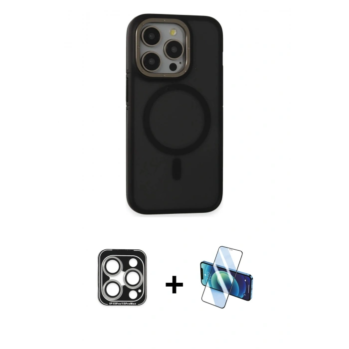 MARSİLYAN™- iPhone 15 Pro Max Kılıf Ahenk Form Serisi - Siyah 3D Antistatik Seramik Nano Ekran Koruyucu + PVD Metal Kamera Lens - GS