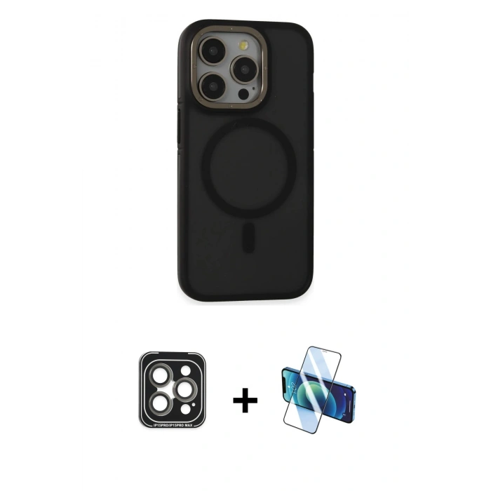 MARSİLYAN™- iPhone 15 Pro Max Kılıf Ahenk Form Serisi - Siyah 3D Antistatik Seramik Nano Ekran Koruyucu + PVD Metal Kamera Lens - GI