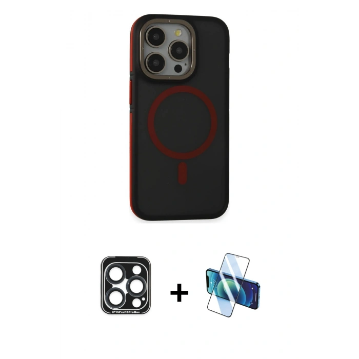 MARSİLYAN™- iPhone 15 Pro Max Kılıf Ahenk Form Serisi - Siyah 3D Antistatik Seramik Nano Ekran Koruyucu + PVD Metal Kamera Lens - LT