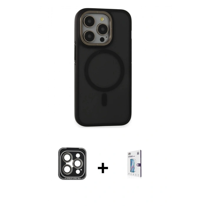 MARSİLYAN™- iPhone 15 Pro Max Kılıf Ahenk Form Serisi - Siyah Bilvis 0.18mm Plus Cam Ekran Koruyucu + PVD Metal Kamera Lens - GI